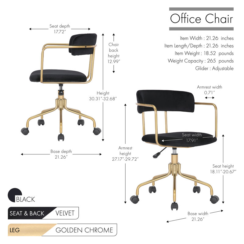 Chaise de travail Levins, Velours noir