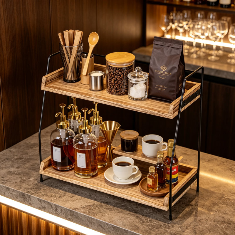 Rustic 2-Tier Coffee Bar Organizer: Wood & Iron Countertop Caddy