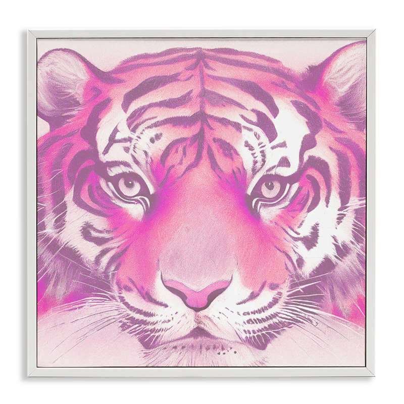 Visage de tigre rose, estampe numérique par Daphne Polselli, Estampe numérique encadrée blanc bord de mer, H 12 po x l 12 po