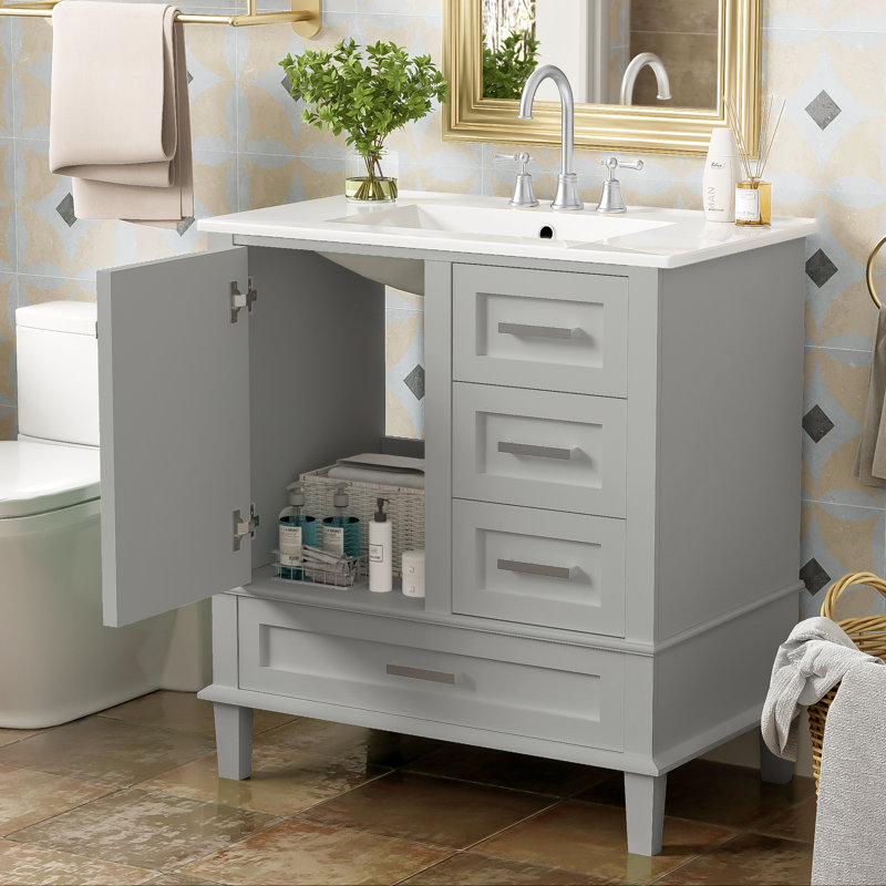 Contemporary Bathroom Vanity Cabinet With Sink, 1 Soft Closing Door And 3 Drawers, Gray