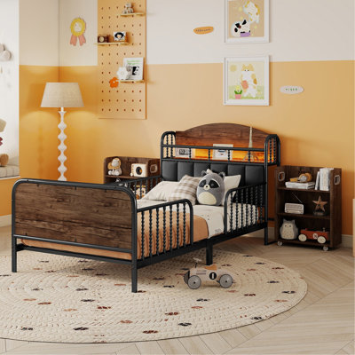 Twin Size Metal Platform Bed Frame With Light, Kids Twin Metal Bed With Upholstered And Pull Out Storage Shelves, Black