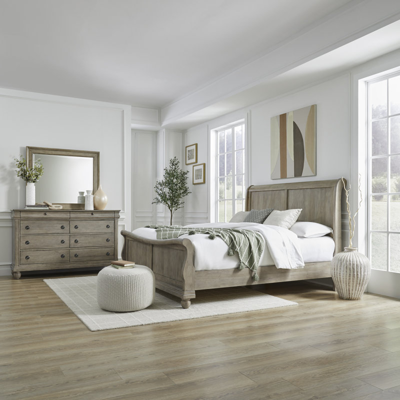 Lenny King Sleigh Bed, Dresser & Mirror Bedroom Set, King, Tan