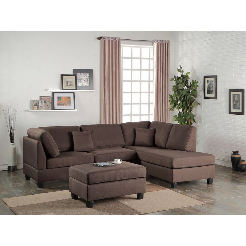 Canapé modulaire réversible et repose-pieds 3 pièces couleur chocolat, Chocolat