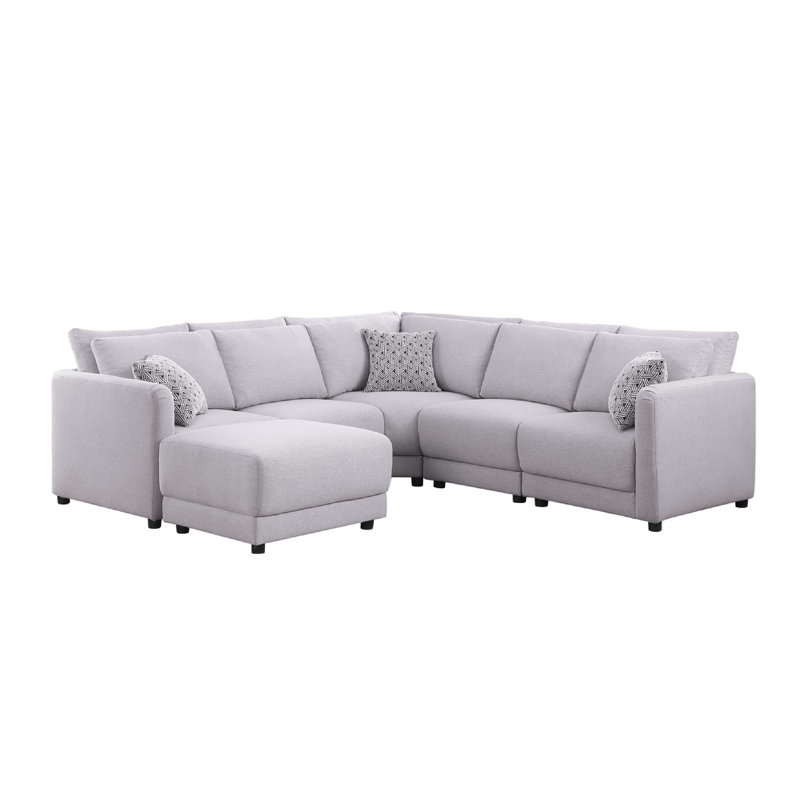Canapé modulaire en L Lane, repose-pieds, 3 coussins, gris clair, 95 pouces, Orienté à gauche (vu de face), Lin gris