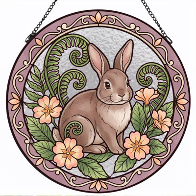 Rabbit Floral Stained Glass Window Panel，12"H