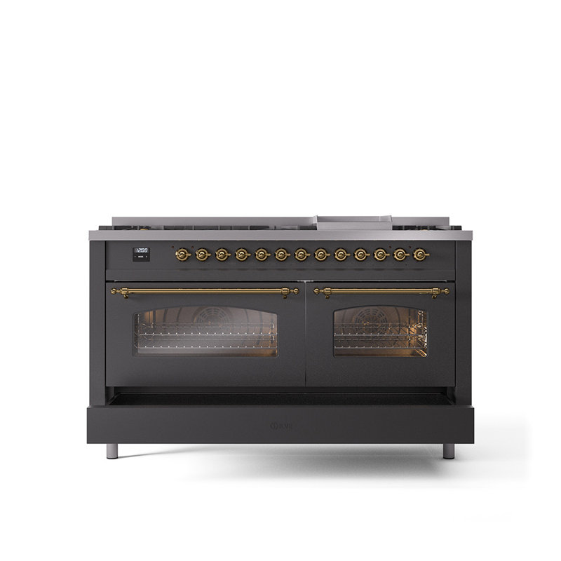 ILVE Nostalgie II 60 Dual Fuel Range, 9 Burners, Griddle, Graphite Matte/Brass, Natural Gas