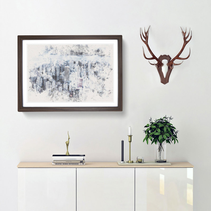 Moody New York City Skyline - Framed Print, 27cm H x 36cm W x 2cm D, Walnut Framed