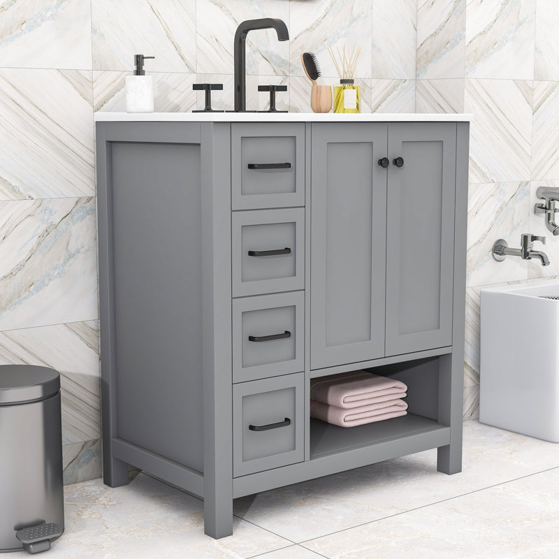 Meuble-lavabo 30 po avec comptoir en céramique, 2 tiroirs et rangement ouvert, Grey