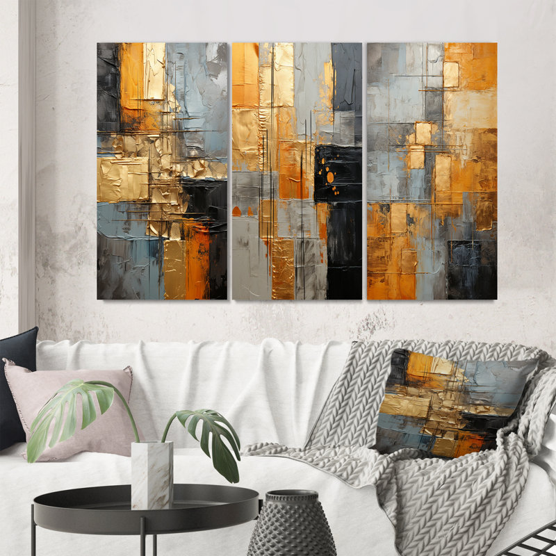 «Gold Grey Gleaming Geometric», 3 pièces, Toile tendue, H 32 po x l 48 po