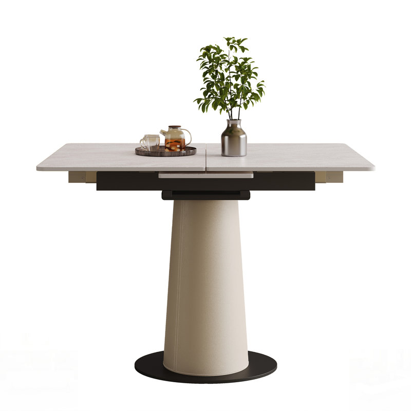 Table de salle à manger rétractable à dalle de roche pliante, table carrée extensible moderne avec base en acier inoxydable revêtue de cuir, table de cuisine à double usage pour les petits appartements