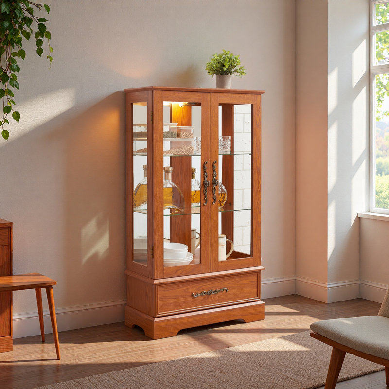 Armoire vitrée avec vitrine éclairée avec tablettes réglables en verre 2 portes et 1 tiroir avec ampoule incluse