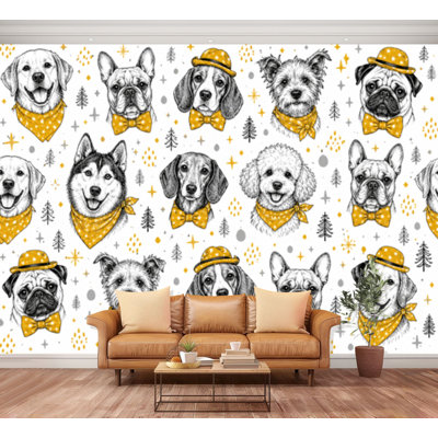 Wall Mural Peel and Stick Wallpaper Dog Seamless Silver Gold Dog s Life Dog Portrait Hat Bow Tie Polka Self-Adhesive Removable Contact Paper Wall Decor for Living Room Bedroom 100"H x 144"W