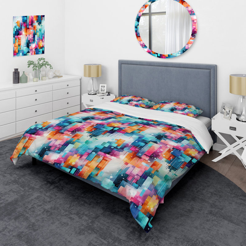 Ensemble de housse de couette bleu et rose, Housse de couette pour grand lit et 2 taies décor