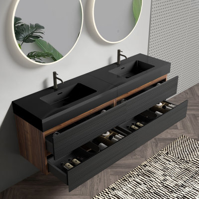 Meuble-lavabo moderne avec deux lavabos doubles de 72 pouces, tiroirs noirs doux, panneau de grille, épissage de couleur noyer, panneaux de qualité E1, laque à base d'eau E0, comptoir, lavabo en granit intégré, trop-plein