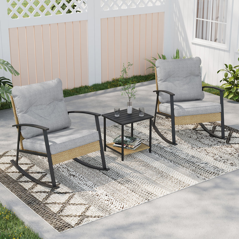 3 Piece Patio Rocking Chair Set with Side Table and Cushions, Linen Gray