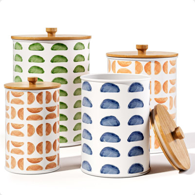 Set of 4 Patterned White Iron Kitchen Canisters with Airtight Lids, Farmhouse Countertop Storage Containers for Flour, Sugar, Coffee & More