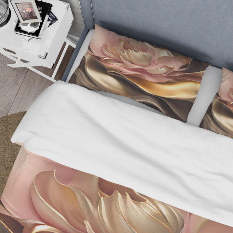 Ensemble de housse de couette élégant en microfibre / polyester à fleurs dorées et taupe III