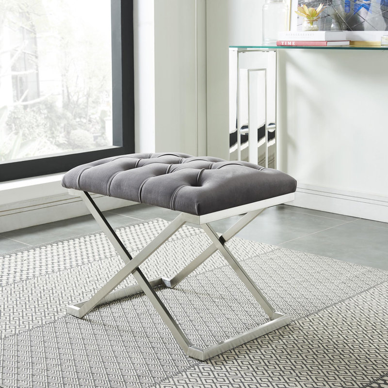 Heeter Velvet Upholstered Bench, Gray, Gold