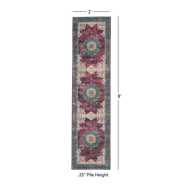 Ducote Washable Ivory and Burgundy Machine Woven Area Rug, Runner 2' x 8'