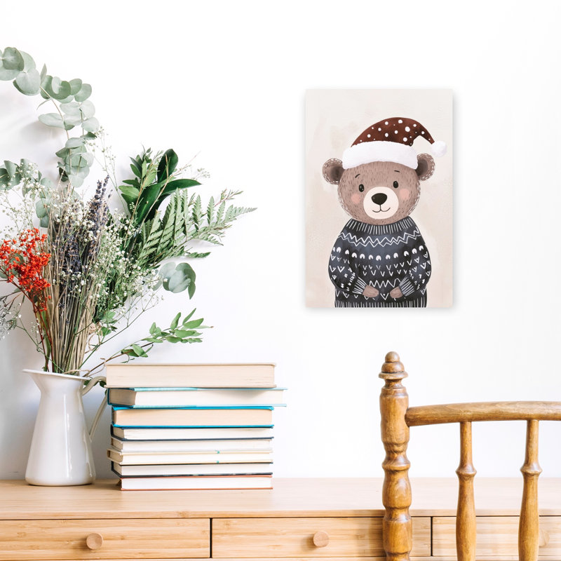 Cozy Christmas Bear Playful Contemporary Bear Winter Wall Art Print 1 Piece Wrapped Canvas Wall Art, 45.72cm H x 30.48cm W
