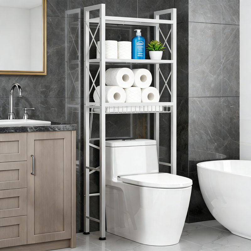 Support de rangement au-dessus de la toilette avec panier de vidange, organisateur de salle de bain autoportant à 3 niveaux avec garde-corps en forme de X, tablettes réglables pour la salle de bain, la salle de lavage ou le balcon