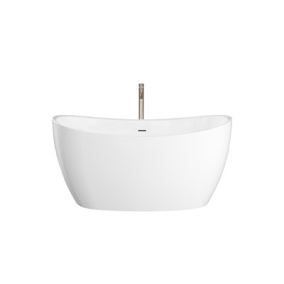 Dorrit 55 Inch Freestanding Bathtub in White, Shiny White Drain and Overflow Trim, and Brushed Nickel Floor Mounted Faucet