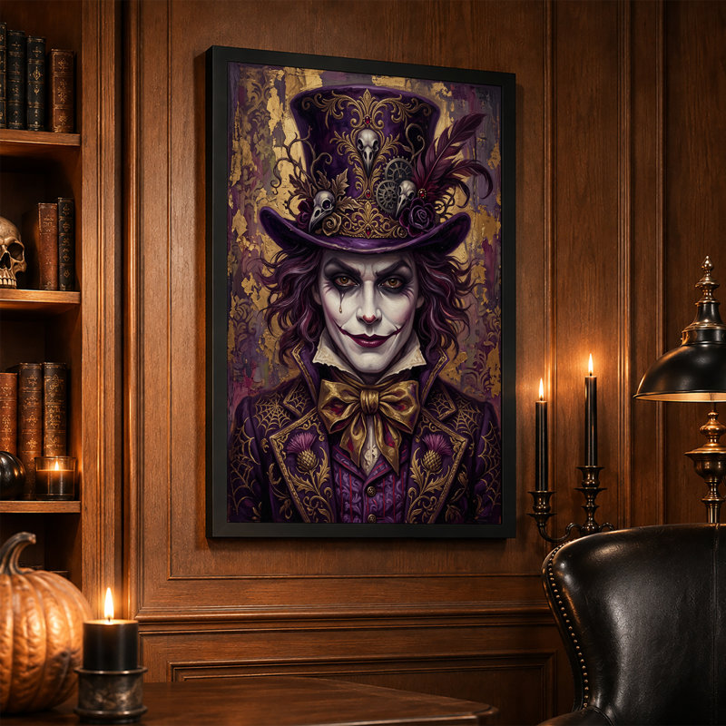 «Theatrical Man in Purple Top Hat with Skulls and Halloween», art mural sur toile, 18"H x 12"W