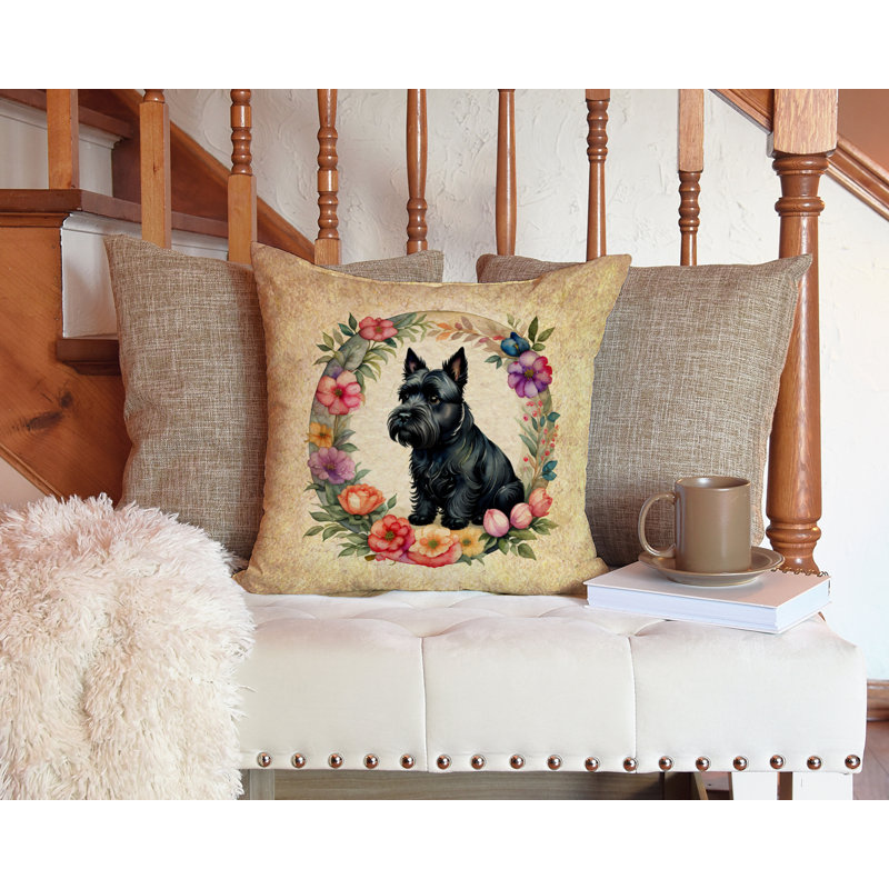 Coussin décoratif en tissu Scottish Terrier and Flowers, H 14 po x l 14 po x P 3 po