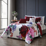 Bebejan Magenta Floral 100% Cotton Sateen 5 Piece Reversible Comforter Set