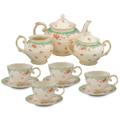  11 Piece Vintage Green Rose Porcelain Tea Set