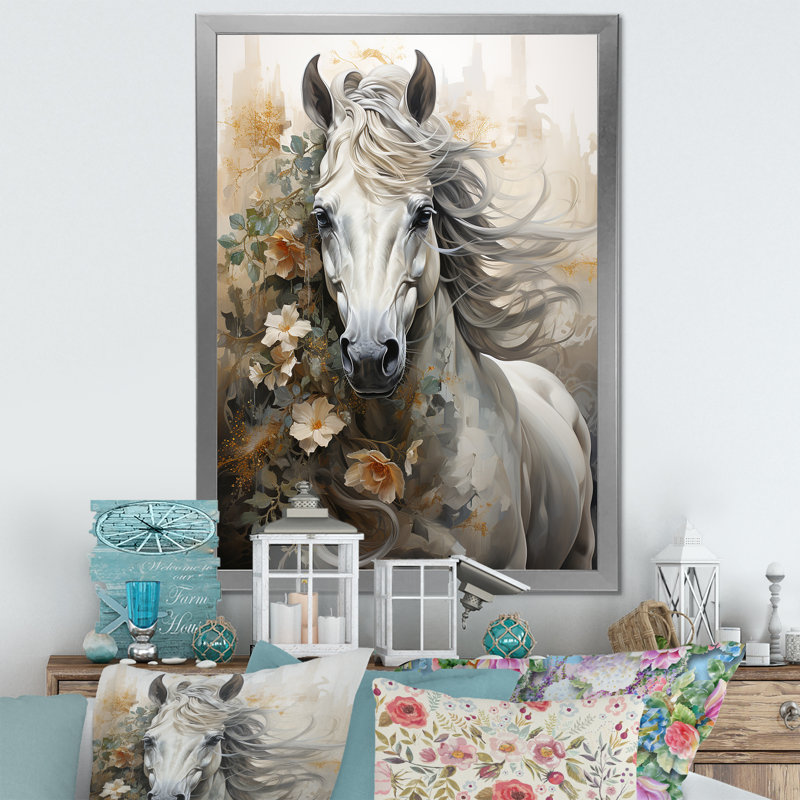 Blooming surréel équin Portrait I - Cheval, art mural, salon, Cadre photo argenté, H 44 po x l 34 po x P 1,5 po