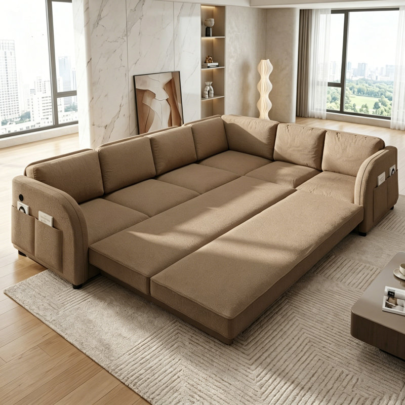 Canapé-lit modulaire réversible moderne en L à 6 places avec couchette coulissante, port USB avec poches de rangement, Brown