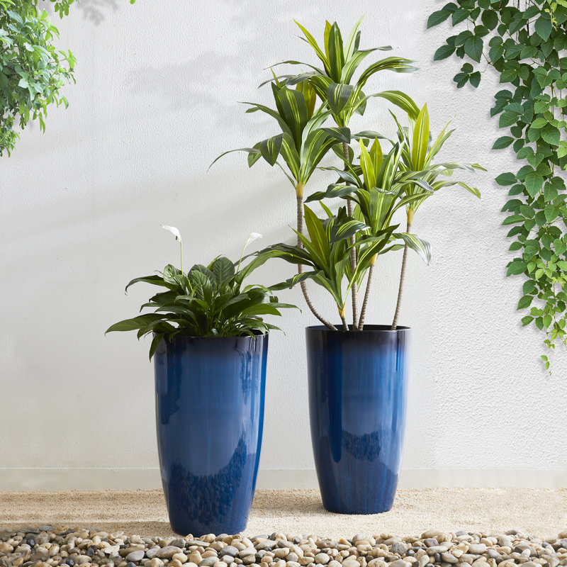 23.5"H Set Of 2 Oversized Gradient Green Faux Ceramic  Tall Plastic Planter, Blue