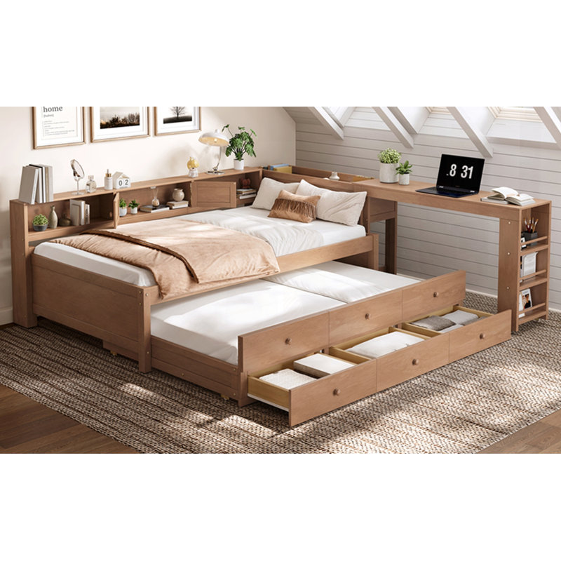Wood Daybed Frame With Trundle, Storage Drawers, Side Shelves, And Desk For Multifunctional Living, Twin, Brown