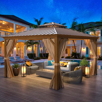 DSNAPE 12'x12' Hardtop Gazebo, Wood Grain Aluminum Frame Outdoor Gazebo With Double Galvanized Steel Roof, Permanent Metal Pavilion With Curtains & Nettings