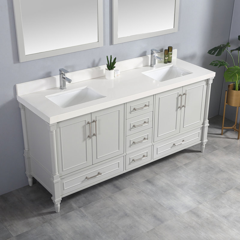 Meuble-lavabo double 72 po Mui, Calacatta, Gris Coventry, Nickel brossé