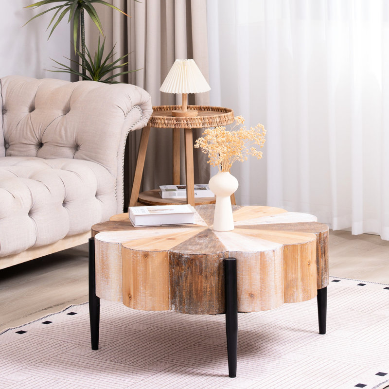 Table basse en forme de fleur rustique, 31,7 po de diamètre, fabriquée en bois manufacturé avec des pieds en métal pour le décor du salon