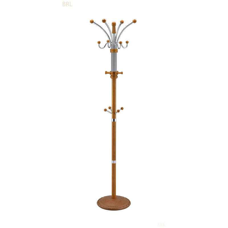 73" Tall Chrome And Wood Coat Rack, Oak