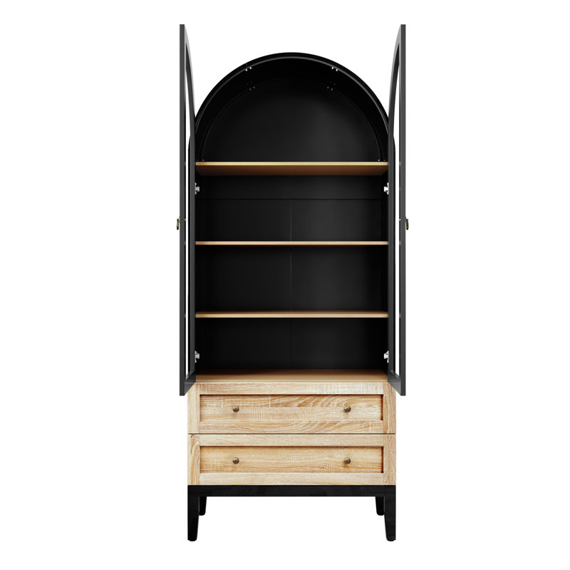 70'' Tall Arched Pantry Cabinet With Doors, Wood Bookcase With 2 Large Drawers and Adjustable Shelves, Black