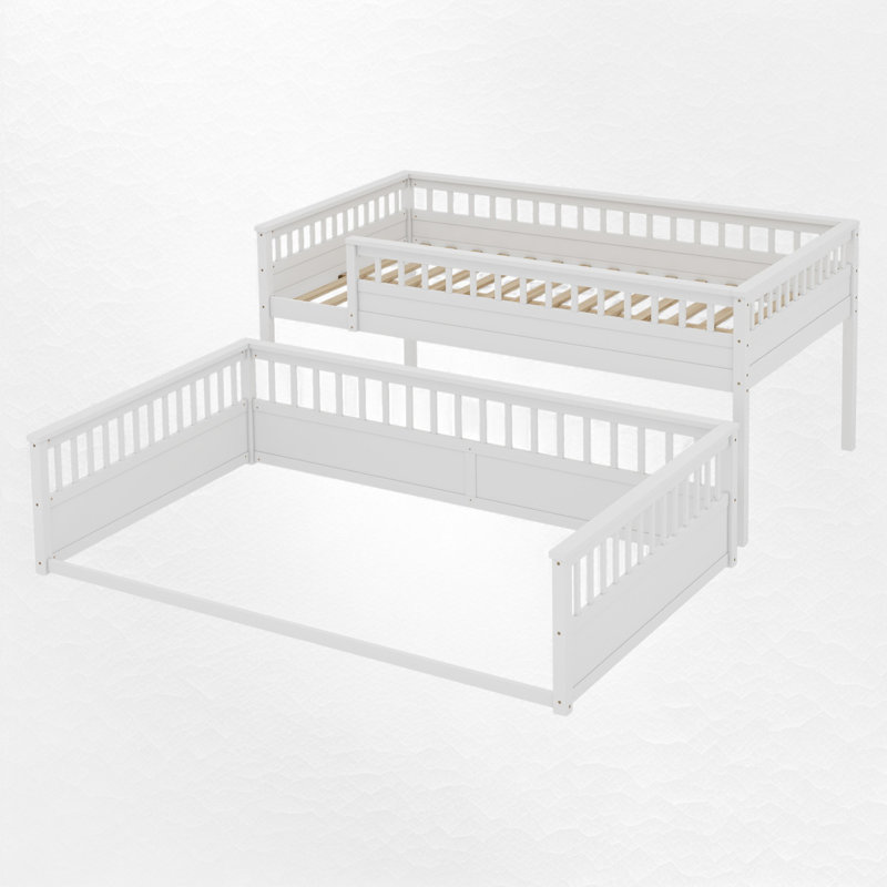 Wooden Bunk Bed With Ladder And Guardrails,Convertible To 2 Beds, Full XL Over Queen, White