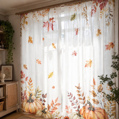 2Pcs Fall Harvest Curtains, Light Filtering Fabric, Pumpkin and Maple Leaf Print, Decorative Window Panels for Living Room Bedroom Balcony Kitchen Home Decor