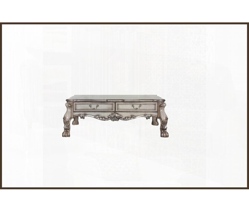 Table basse vintage blanc brossé à la main avec 2 tiroirs de rangement Plateau festonné pour salon