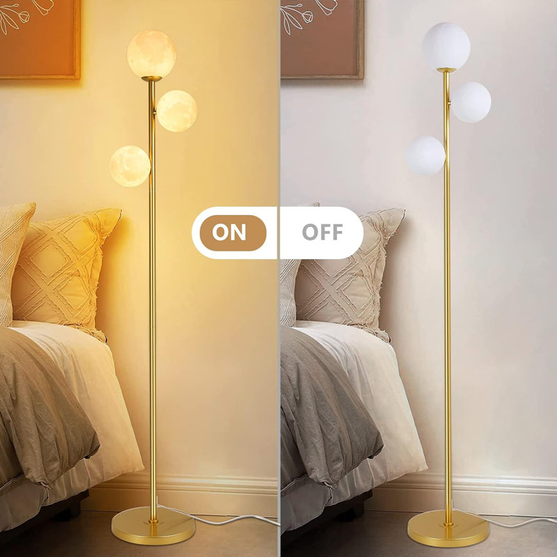 Lampe sur pied lune imprimée en 3D, lampe sur pied en métal doré moderne avec abat-jour à DEL givré doux pour le salon, la chambre à coucher, le bureau