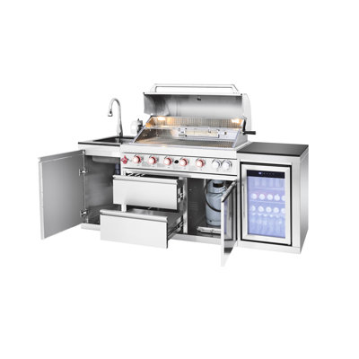 Silver 85 - Inch Outdoor Kitchen Island With 6 Burner 85000 Gas Grill, Stainless Steel Sink, Storage Cabinet, And Compact Refrigerator American Design, 304 Barbecue Storage, Inch,