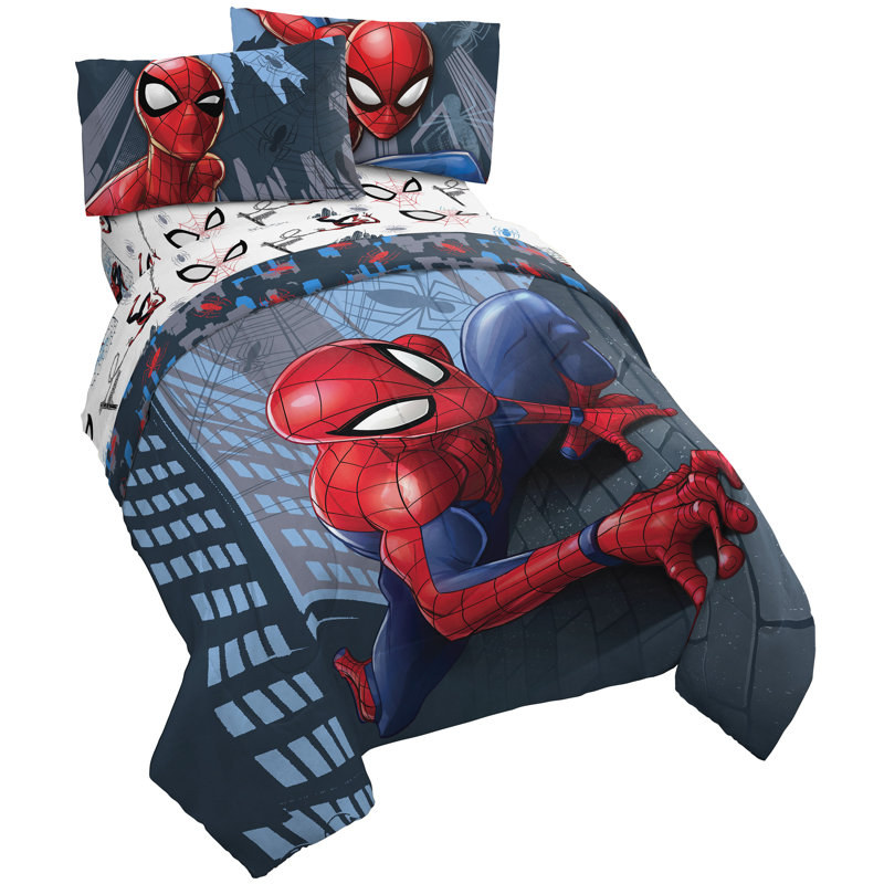 Marvel Spiderman Crawl Bed Set w/ Sham, Queen Comforter + 4 Additional Pieces