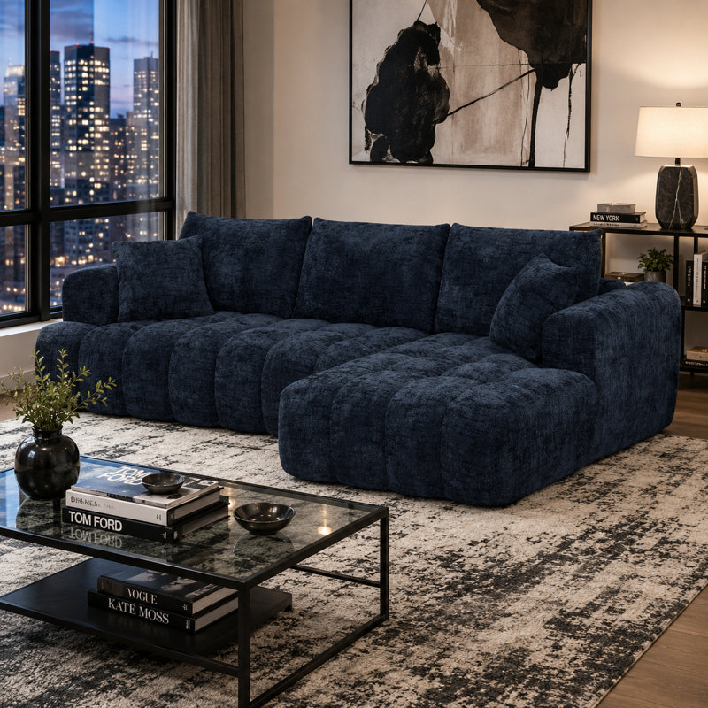 Canapé modulaire rembourré en L 3 pièces avec deux coussins Classic, Chenille bleu foncé, Orienté à droite