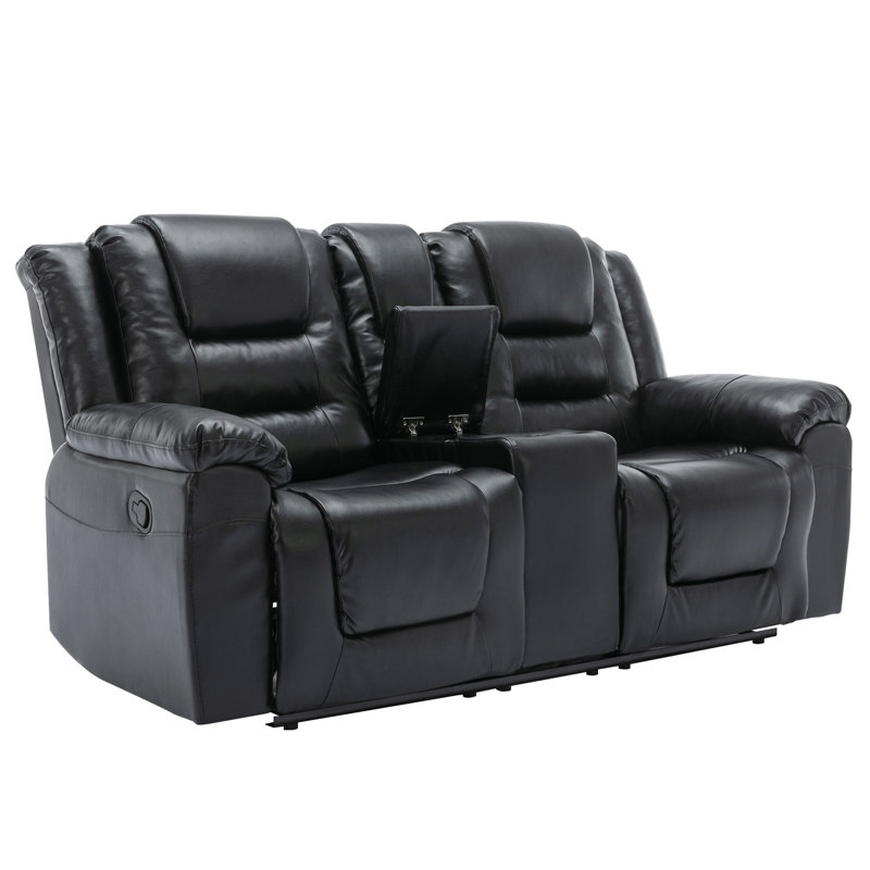 Black Faux Leather Reclining Home Theater Chair with Cup Holders