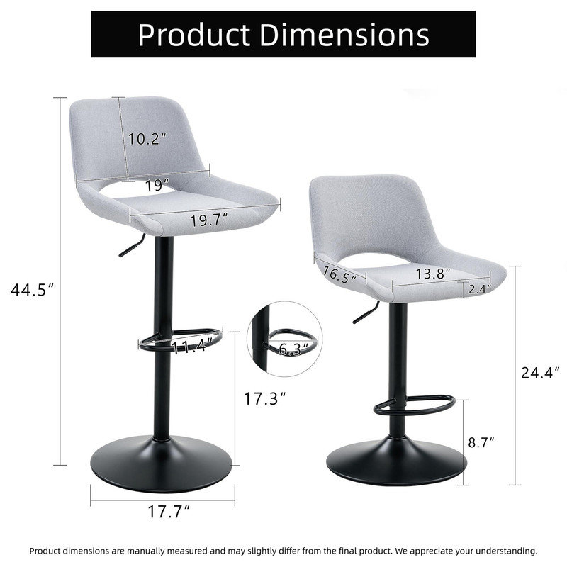 Ensemble de 2 tabourets de bar pivotants réglables en lin gris clair à dossier creux avec base en métal noir pour 250 lb