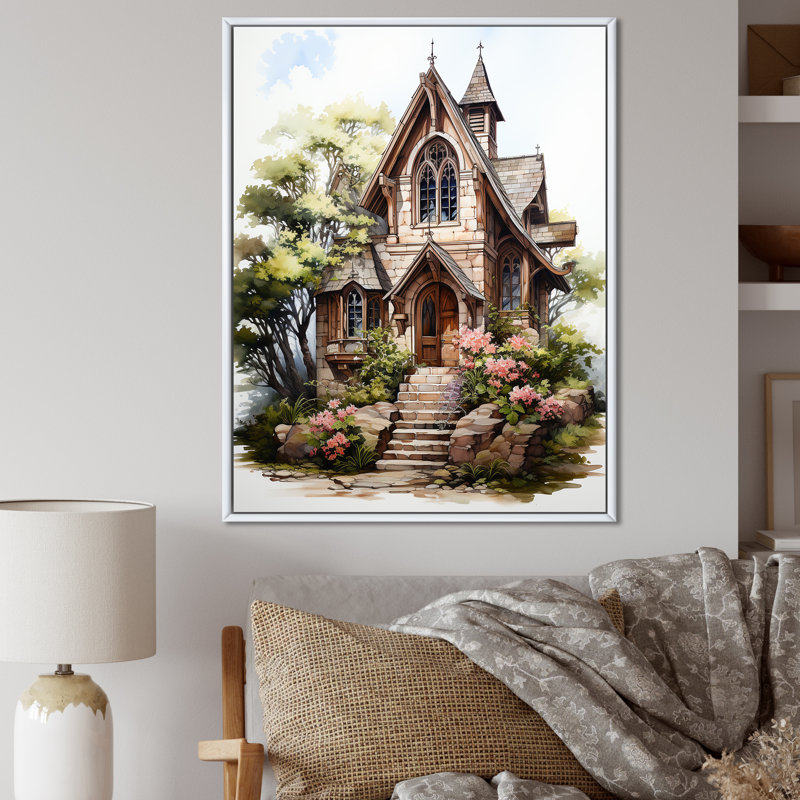 Chapelle de mariage, aquarelle rustique sur toile, Cadre flottant blanc, 32" H x 16" W