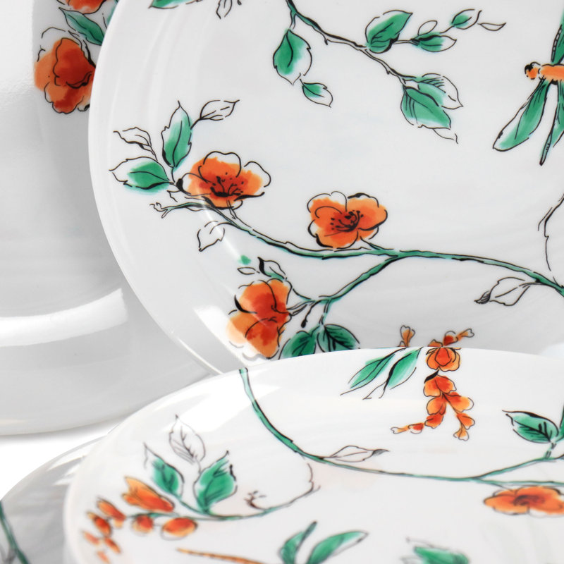 White Floral Dragonfly Melamine Dinnerware Set, Service for 4